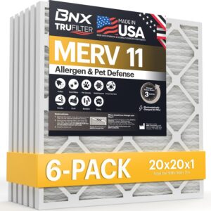 bnx trufilter 20x20x1 air filter merv 11 (6-pack) - made in usa - allergen defense electrostatic pleated air conditioner hvac ac furnace filters for allergies, dust, pet, smoke, allergy mpr 1200 fpr 7