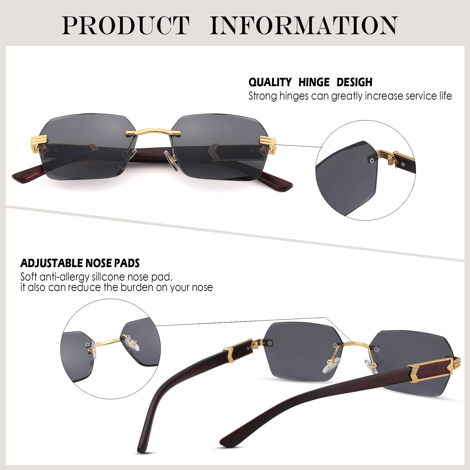 Hycredi Rimless Rectangle Sunglasses Men Women Retro Frameless Square Shade Y2k Sun Glasses Tinted Eyewear-Clear+Brown+Gray