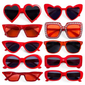 geopty red sunglasses bulk, 10 pack retro red heart irregular rectangle sunglasses for women bachelorette party glasses set