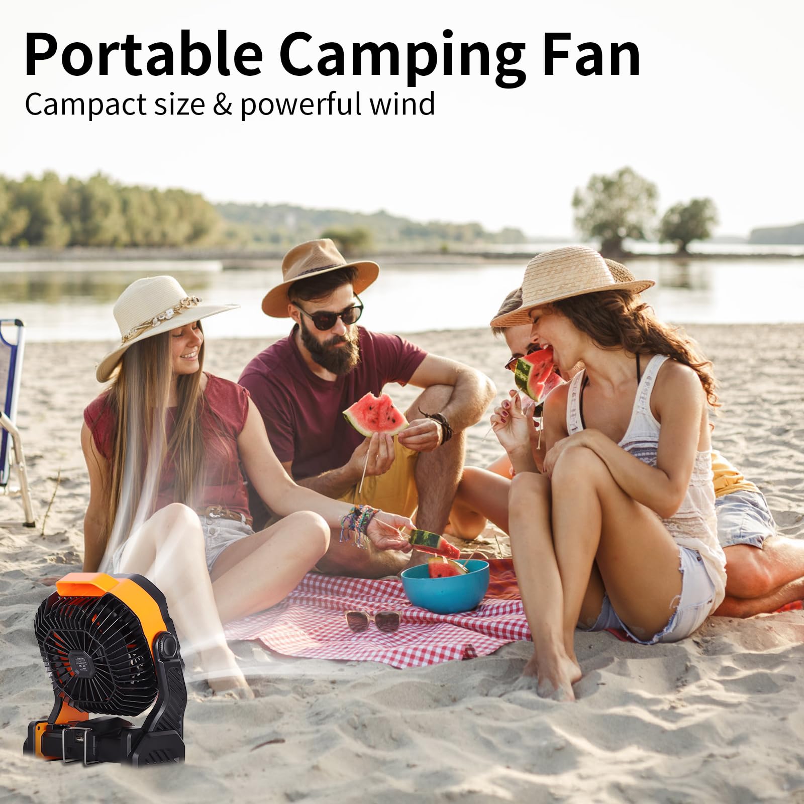 20000mAh Battery powered fan Camping Fan essentials,Portable fan Battery Operated fan, Rechargeable Battery Operated Outdoor Tent Fan with Light & Hook,Personal USB Desk Fan for Camping,Orange