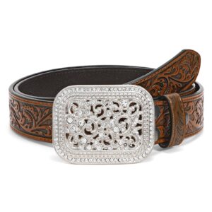 XZQTIVE Women Men Western Belt Vintage Country Belts For Cowgirl Cowboys Genuine Leather Belt with Silver Diamond Buckle