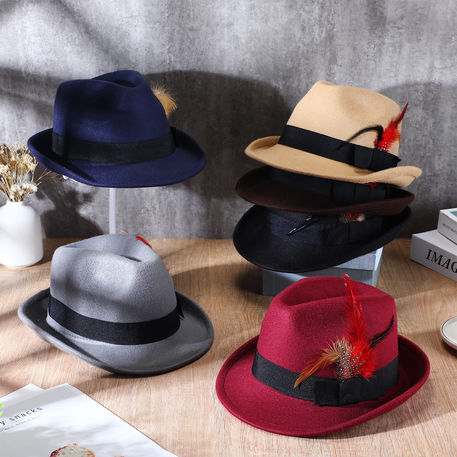 Xtinmee 6 Pcs Hats for Men Wide Brim Jazz Hat with Feather Panama Hats 1920s Hat Casual Bowler Hat for Women Costume, 6 Colors