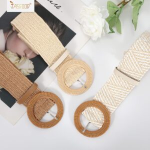 JASGOOD 3 Pack Straw Woven Belts Elastic Stretch Rattan Waist Belts Ladies Raffia Dress Belts with Large Buckle(Beige+Strip+Light Brown,Waist Size Below 30 inch)