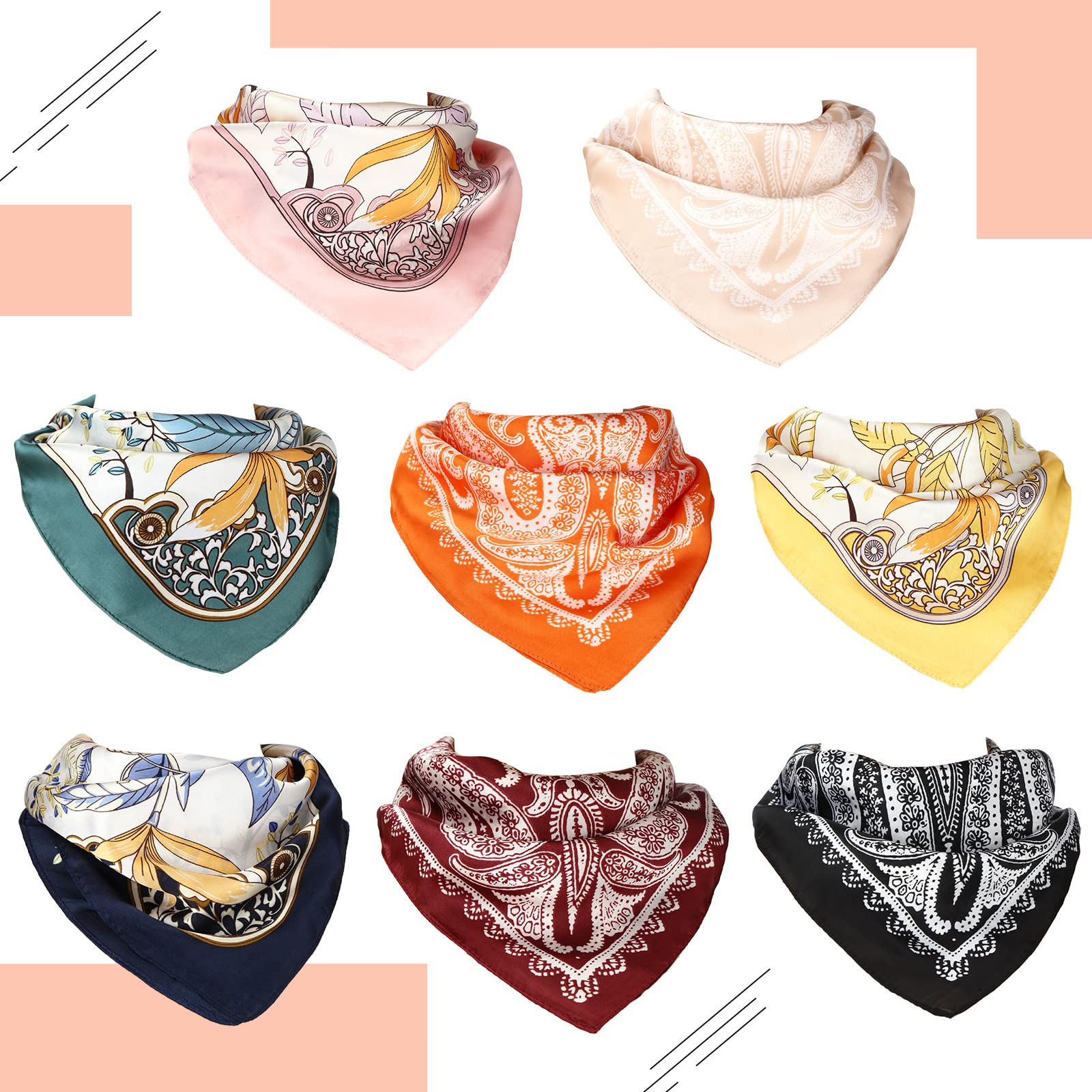 Zhanmai 8 Pcs 27.5 x 27.5 Inch Square Satin Head Scarves Women Silk Bandana Hair Scarves Hair Wrap Neck Scarf for Sleeping (Multicolor,Fresh)