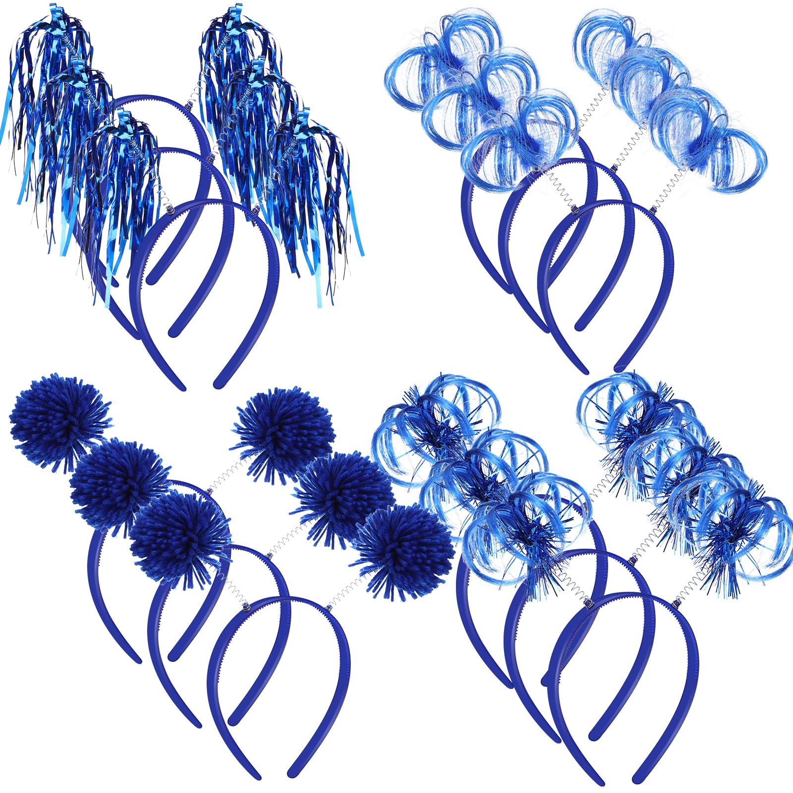 Censen 12 Pcs Pom Pom Headbands Party Headbands Tinsel Wrapped Ponytails Headbopper Headwear for Halloween Birthday Festival(Blue)