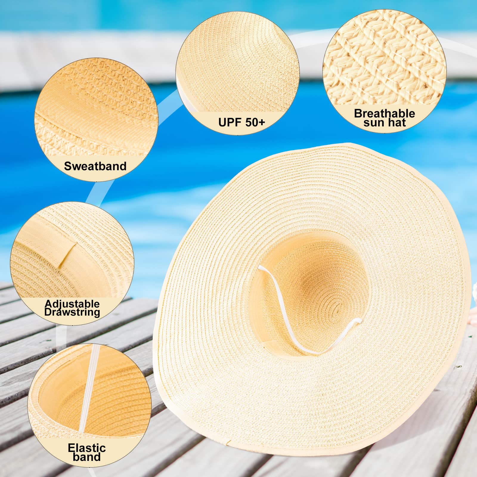 Xtinmee 9 Pcs Women Sun Straw Hat Wide Brim Summer Big Bowknot Straw Hat Floppy Beach Hats Foldable UV Upf50 Protection Beach Cap Adjustable Rope for Ladies Girls Multicolor