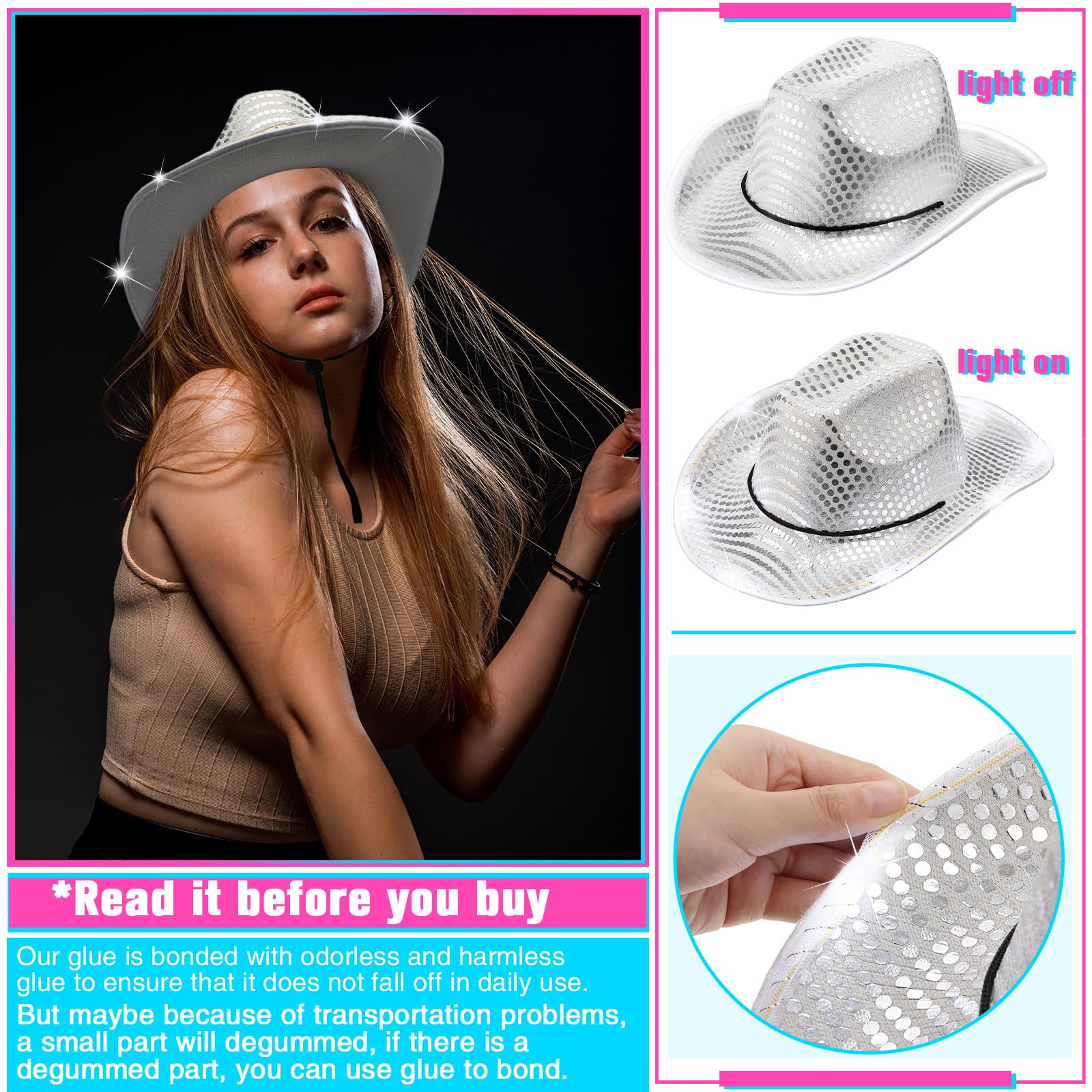 Tisancy 20 Pack Lights Cowboy Cowgirl Hat LED Flashing Hat Light Up Hat for Western Bachelorette Party Wedding Bridal(Silver,Trendy)