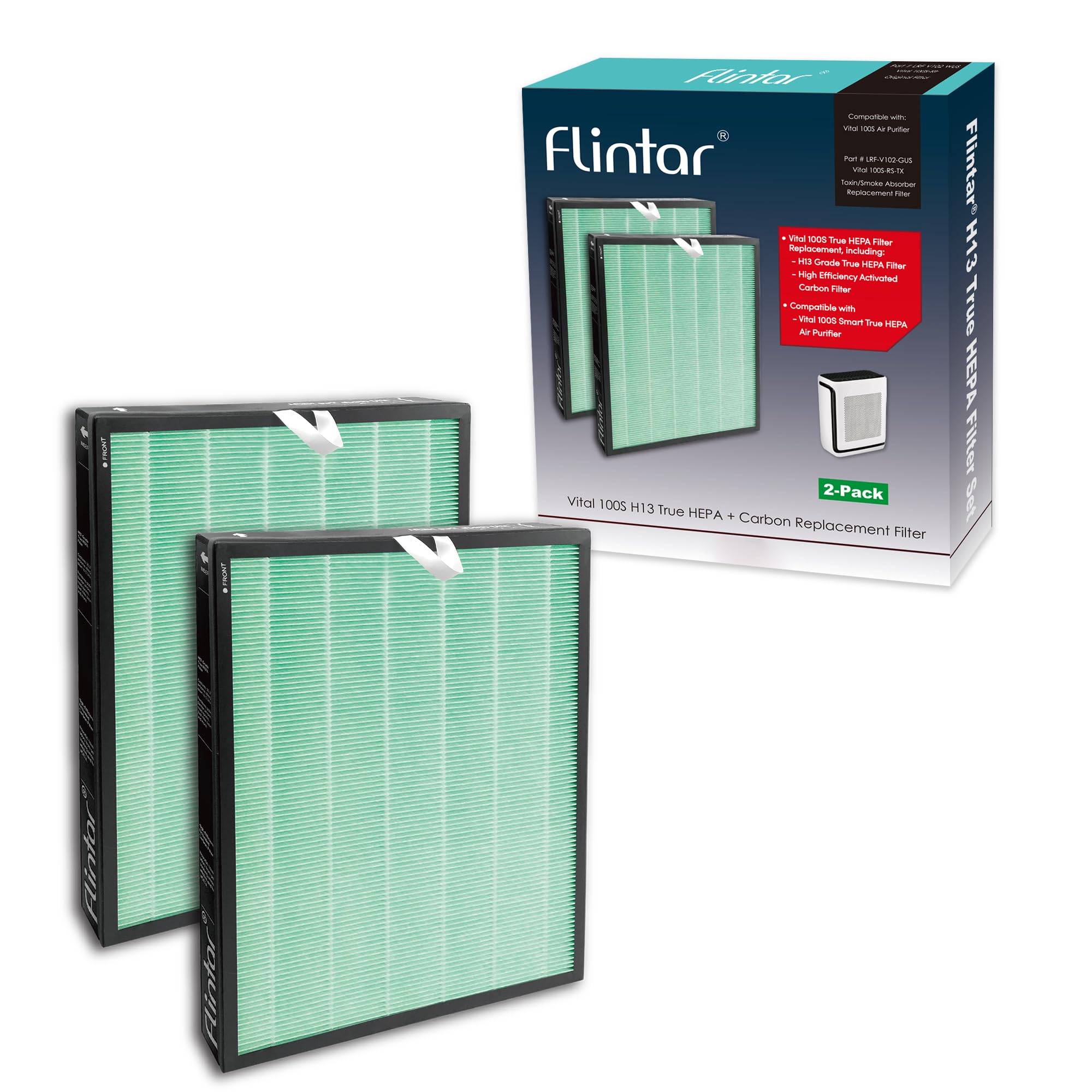 Flintar Vital 100S Toxin/Smoke Absorber Replacement Filter, Compatible with LEVOIT Vital 100S Air Purifier, H13 True HEPA + Activated Carbon Replacement filter, Part # Vital 100S-RF-TX, 2-Pack