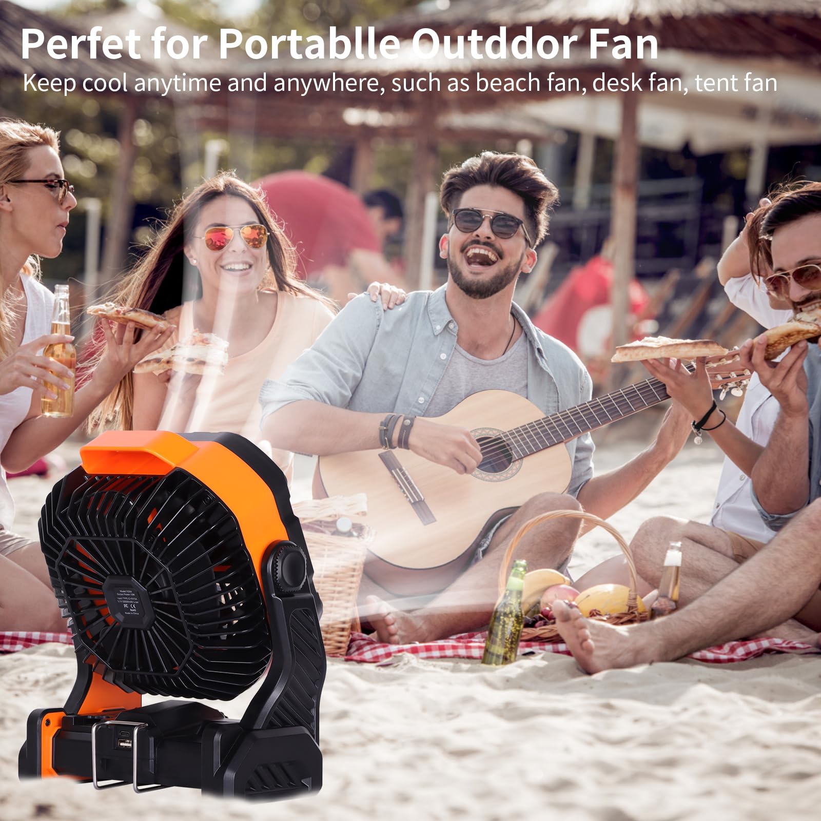 20000mAh Battery powered fan Camping Fan essentials,Portable fan Battery Operated fan, Rechargeable Battery Operated Outdoor Tent Fan with Light & Hook,Personal USB Desk Fan for Camping,Orange