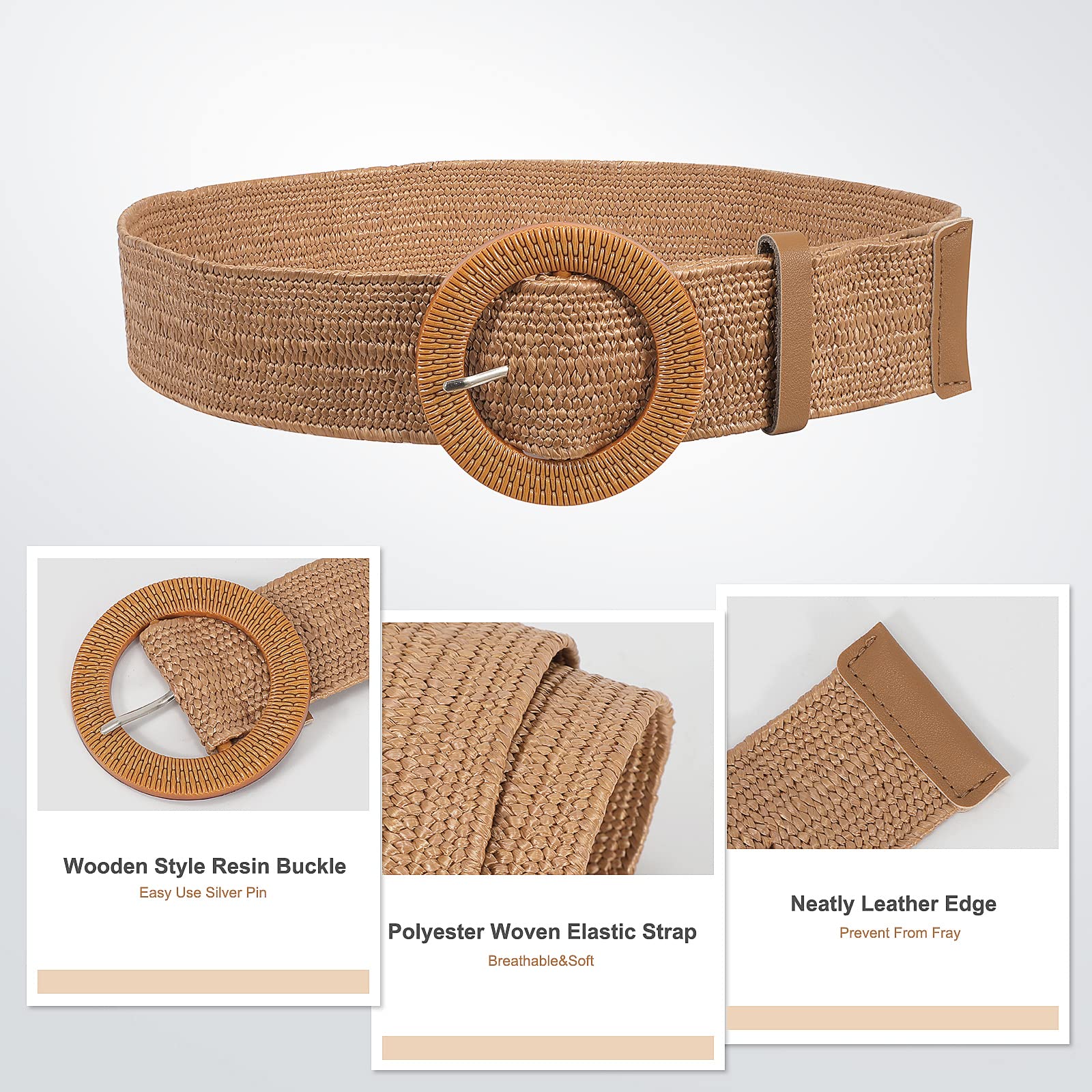 JASGOOD 3 Pack Straw Woven Belts Elastic Stretch Rattan Waist Belts Ladies Raffia Dress Belts with Large Buckle(Beige+Strip+Light Brown,Waist Size Below 30 inch)