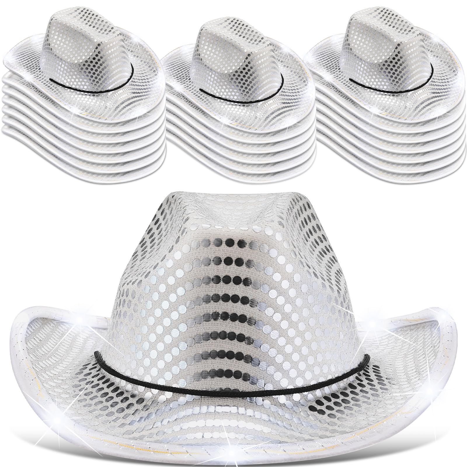 Tisancy 20 Pack Lights Cowboy Cowgirl Hat LED Flashing Hat Light Up Hat for Western Bachelorette Party Wedding Bridal(Silver,Trendy)