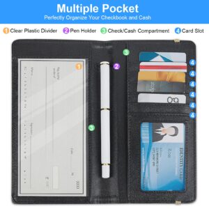 Checkbook Cover for Personal Checkbook, RFID Checkbook Register Cover with Pen Holder & Built-in Clear Plastic Divider for Duplicate Checks