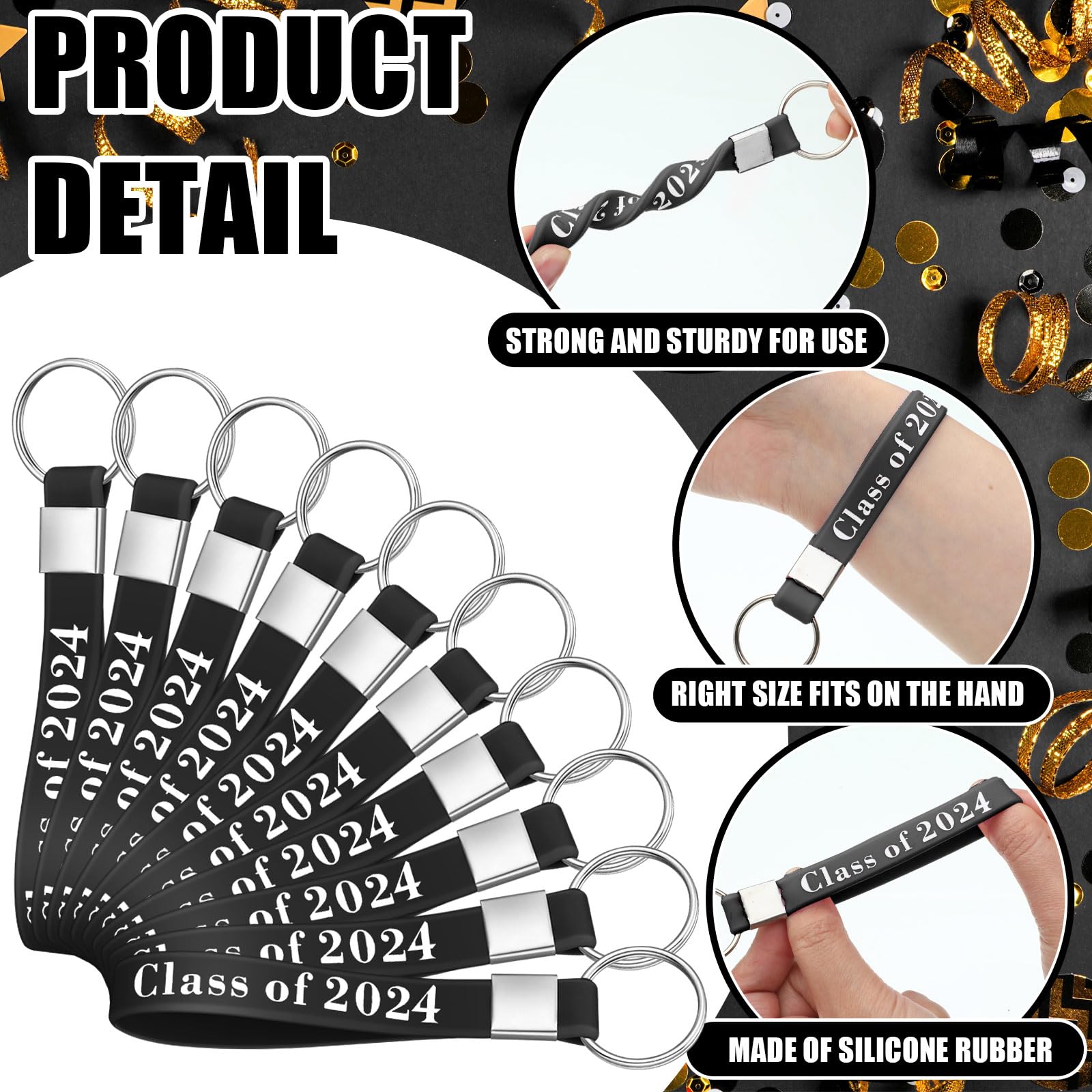 Kisston 30 Pcs Class of 2024 Graduation Keychains Silicone Rubber Keyring Graduation Bracelet Keychain for Graduation Party(Black)