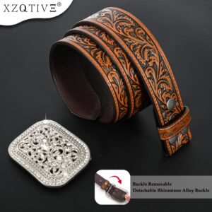 XZQTIVE Women Men Western Belt Vintage Country Belts For Cowgirl Cowboys Genuine Leather Belt with Silver Diamond Buckle