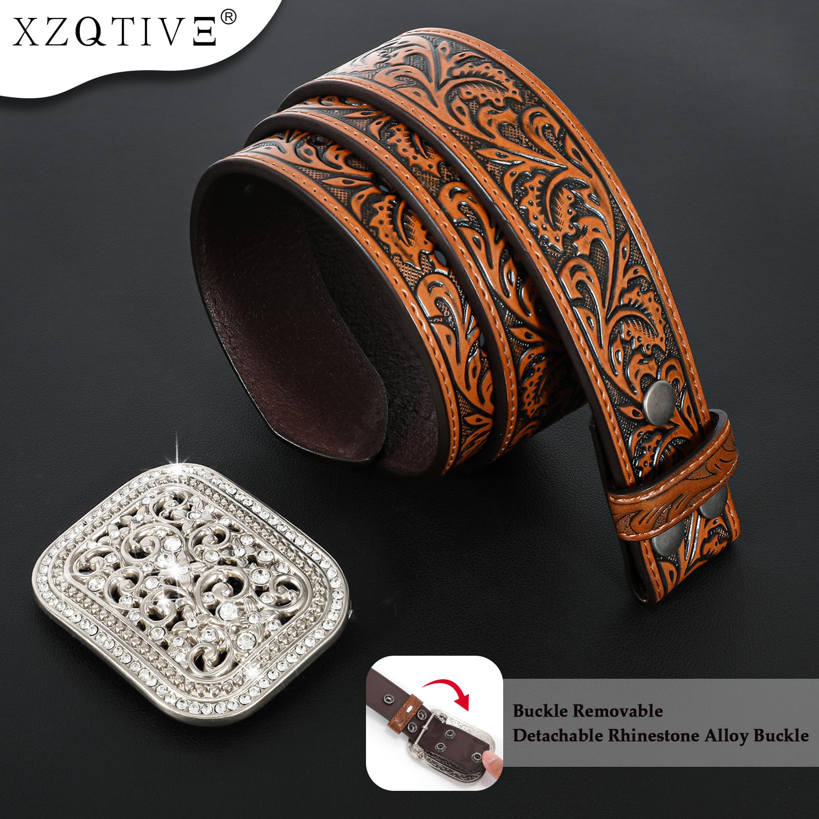 XZQTIVE Women Men Western Belt Vintage Country Belts For Cowgirl Cowboys Genuine Leather Belt with Silver Diamond Buckle