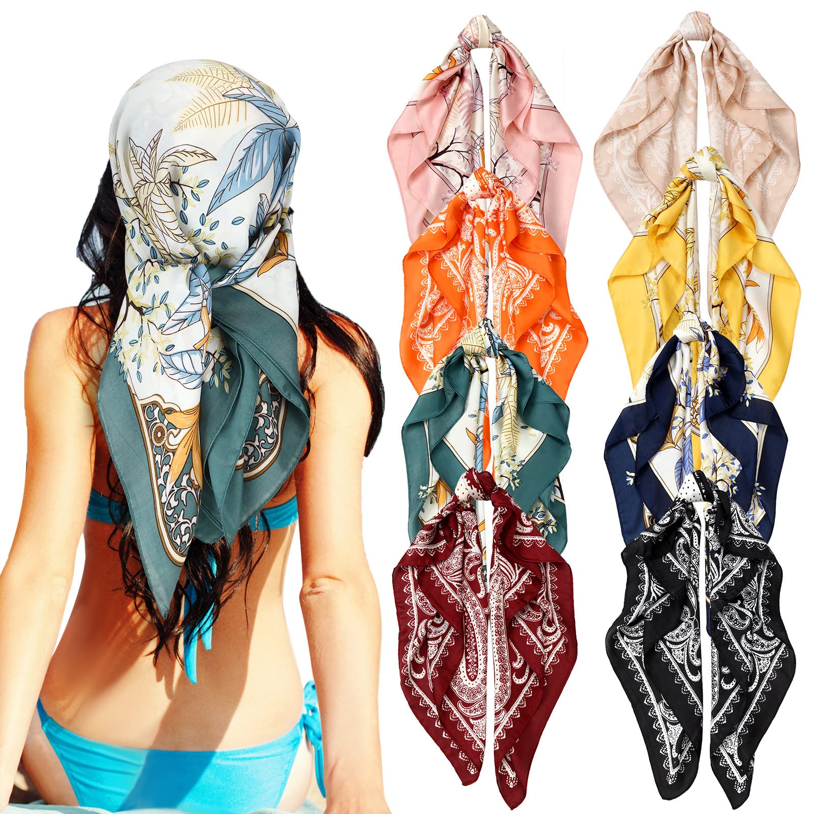 Zhanmai 8 Pcs 27.5 x 27.5 Inch Square Satin Head Scarves Women Silk Bandana Hair Scarves Hair Wrap Neck Scarf for Sleeping (Multicolor,Fresh)