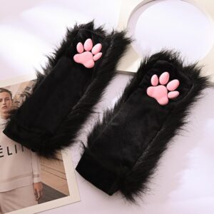 SUPTEC Furry Cat Paw Mittens Gloves for Women Soft 3D Toes Beans Fingerless Cat Claw Paws Pad Sleeve(Black)