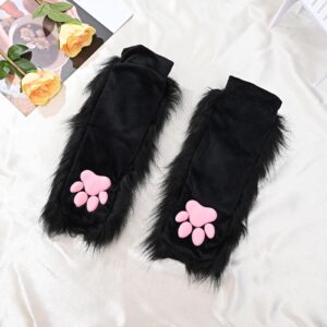 SUPTEC Furry Cat Paw Mittens Gloves for Women Soft 3D Toes Beans Fingerless Cat Claw Paws Pad Sleeve(Black)