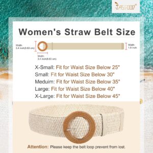 JASGOOD 3 Pack Straw Woven Belts Elastic Stretch Rattan Waist Belts Ladies Raffia Dress Belts with Large Buckle(Beige+Strip+Light Brown,Waist Size Below 30 inch)