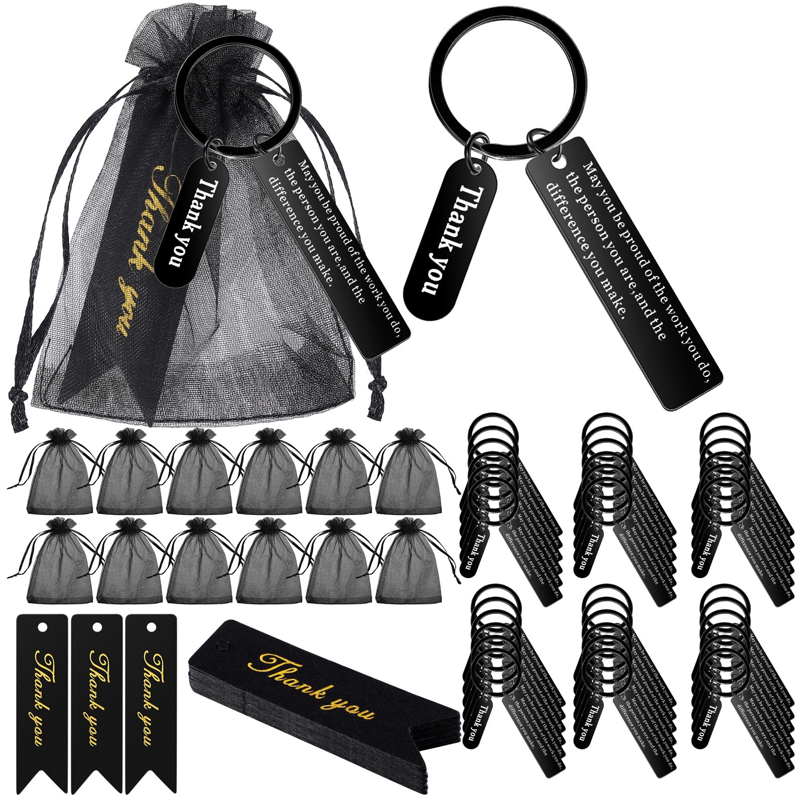 Yinkin 150 Pcs Employee Appreciation Gift Bulk for Thank You Gifts Coworker Keychains with Organza Bags Thank You Cards Gift(Black)