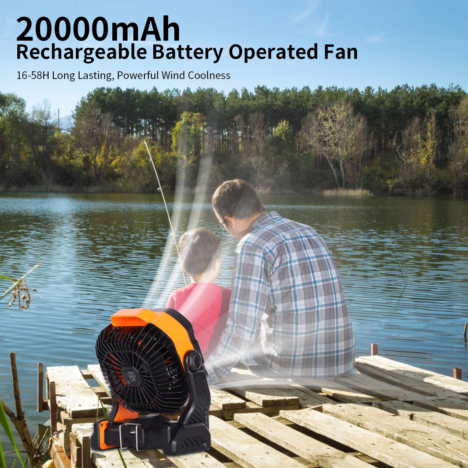 20000mAh Battery powered fan Camping Fan essentials,Portable fan Battery Operated fan, Rechargeable Battery Operated Outdoor Tent Fan with Light & Hook,Personal USB Desk Fan for Camping,Orange