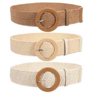 JASGOOD 3 Pack Straw Woven Belts Elastic Stretch Rattan Waist Belts Ladies Raffia Dress Belts with Large Buckle(Beige+Strip+Light Brown,Waist Size Below 30 inch)