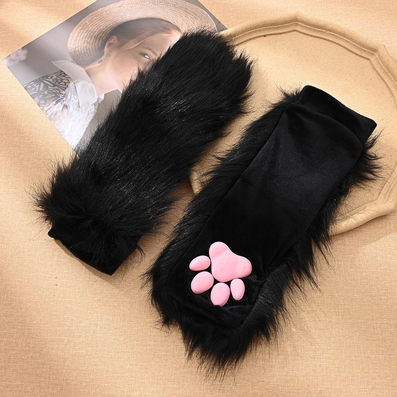 SUPTEC Furry Cat Paw Mittens Gloves for Women Soft 3D Toes Beans Fingerless Cat Claw Paws Pad Sleeve(Black)