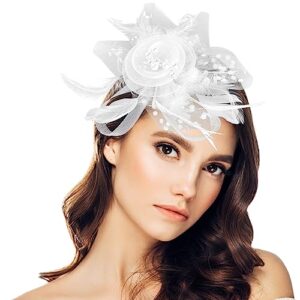 fascinators hat for women tea party headwear flower mesh headband wedding cocktail hair clip for girls and women (white)