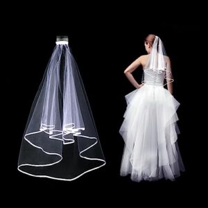 Amaxiu Short Wedding Bridal Veil with Comb, 2 Tier Tulle Bride Veil Elbow Length Wedding Veil Ribbon Edge 60-80cm/23-31in