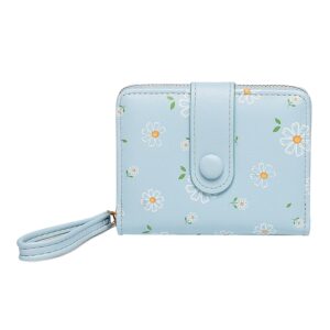 Sunwel Fashion Cute Daisy Flowers Print Wallets with Exterior Zipper Around Coin Purse Bifold Bill Wallet with Credit Card Holder Id Window (BLUE)