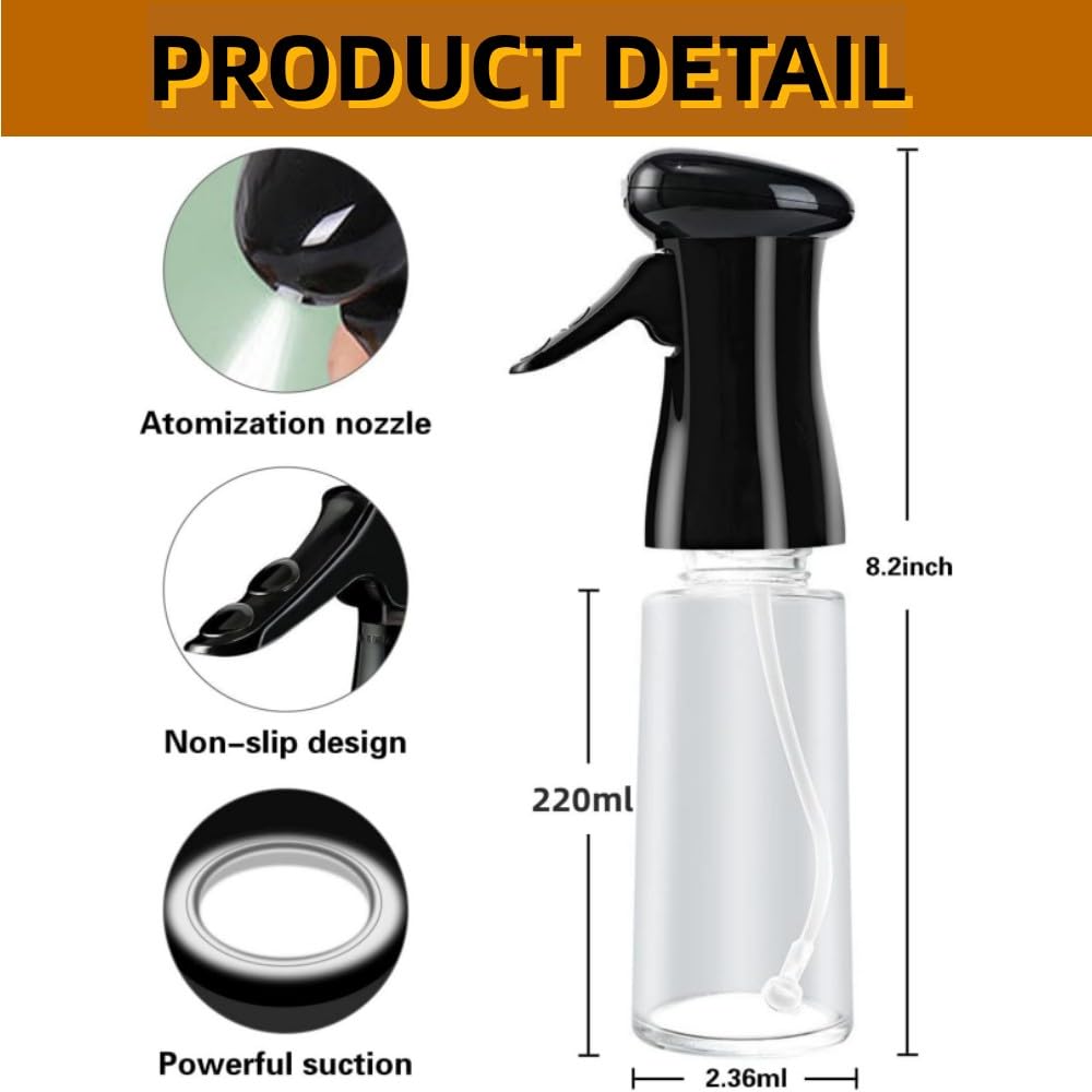 Oil Sprayer for Cooking, 220ml Glass Olive Oil Sprayer Mister with Brush, Olive Oil Vinegar Spritzer Sprayer Bottles Oil Dispenser for Kitchen, Widely Used for Air Fryer, Salad, Baking, BBQ, Black