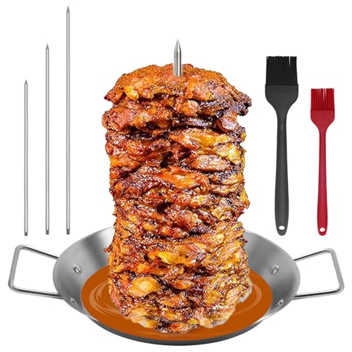 Al Pastor Skewer for Grill, Stainless Steel Vertical Skewer, Brazilian Vertical Spit Stand with 3 Removable Spikes(8”/10"/12”)& Brushes, for Tacos Al Pastor, Shawarma Kebabs Smoker Oven BBQ Dishes