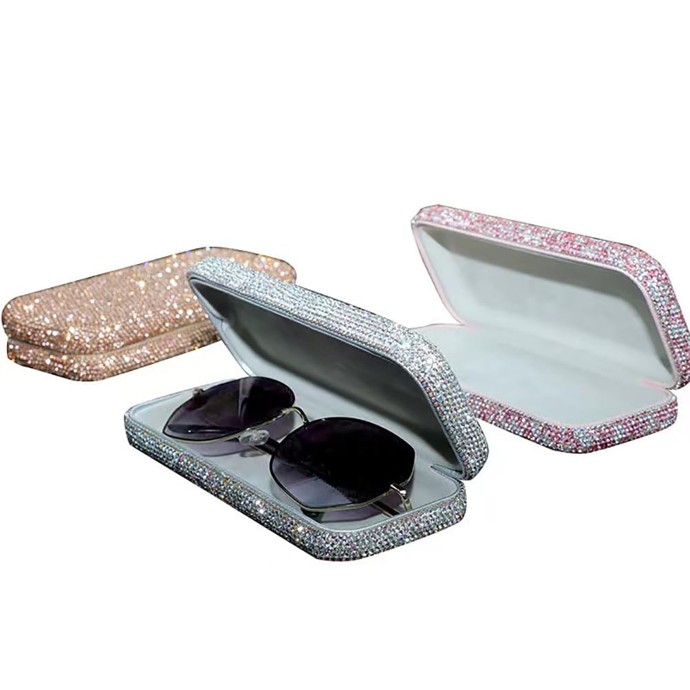 Unisex Bling Diamond-Encrusted Hard Portable Protective Shell Eyeglasses Cases for Women Men with Cleaning Cloth (Silver)