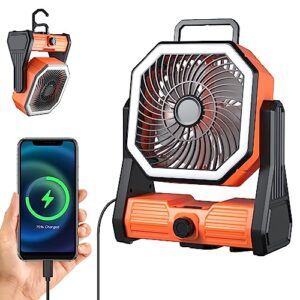 camping fan rechargeable with led lantern, 20000mah rechargeable battery powered fan with 270°head rotation, stepless speed and quiet battery operated tent fan for barbecue, fishing, travel, home