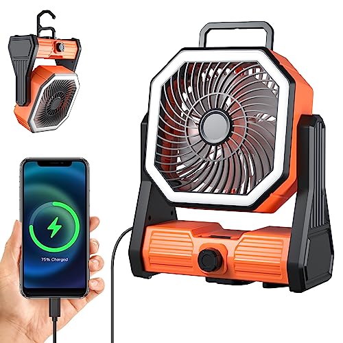 Camping Fan Rechargeable with LED Lantern, 20000mAh Rechargeable Battery Powered Fan with 270°Head Rotation, Stepless Speed and Quiet Battery Operated Tent Fan for Barbecue, Fishing, Travel, Home