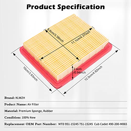 KLWZH 951-15245 Air Filter for MTD 751-15245 Craftsman Cub Cadet 490-200-M065 159cc 1X65 5X65 6X65 8X65 Engines 196cc 5X70 6X70 7X70 SC 700 E Self Propelled Troy-Bilt TB230 Engine Lawn Mower 2PCS