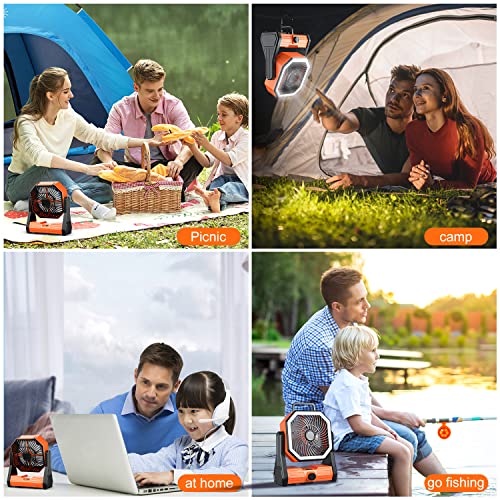 Camping Fan Rechargeable with LED Lantern, 20000mAh Rechargeable Battery Powered Fan with 270°Head Rotation, Stepless Speed and Quiet Battery Operated Tent Fan for Barbecue, Fishing, Travel, Home