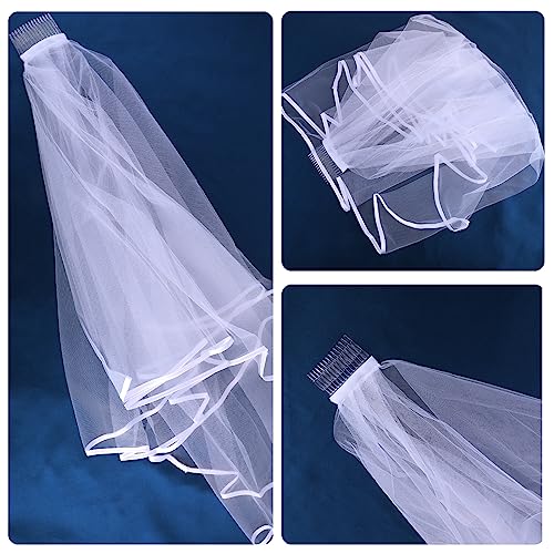 Amaxiu Short Wedding Bridal Veil with Comb, 2 Tier Tulle Bride Veil Elbow Length Wedding Veil Ribbon Edge 60-80cm/23-31in