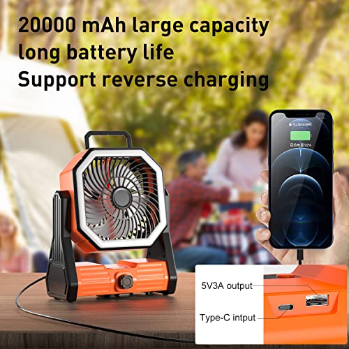 Camping Fan Rechargeable with LED Lantern, 20000mAh Rechargeable Battery Powered Fan with 270°Head Rotation, Stepless Speed and Quiet Battery Operated Tent Fan for Barbecue, Fishing, Travel, Home