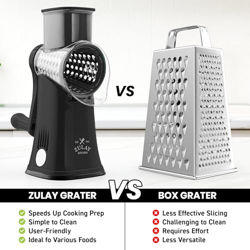 Zulay Rotary Cheese Grater 5 Blade Cheese Shredder - Manual Hand Crank Cheese Grater With Reinforced Suction & 5 Interchangeable Drums - Easy to Use, Vegetable Chopper Round Mandoline Slicer - Black