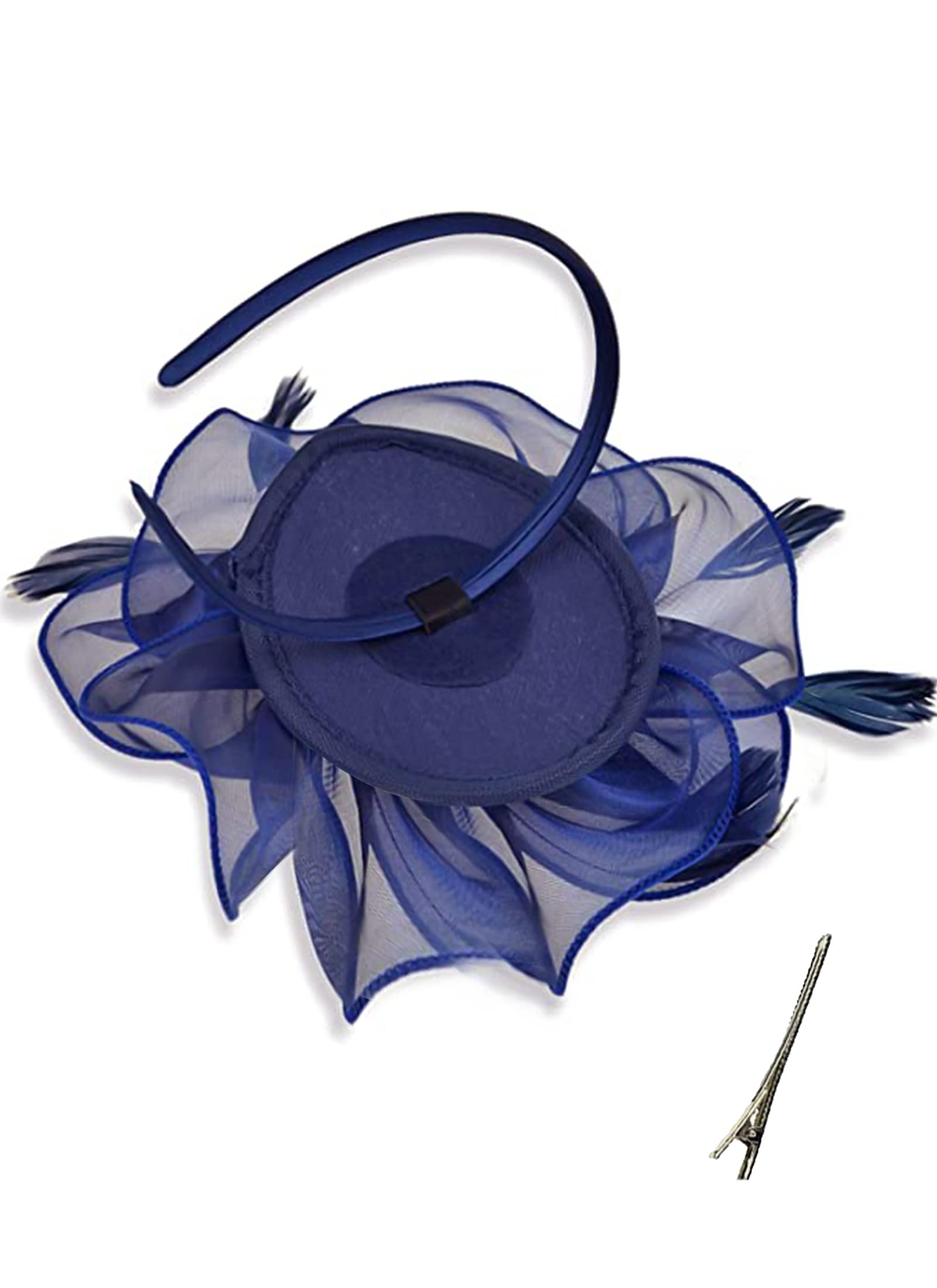 QDC Fascinators Hat Tea Party Derby Headwear Wedding Cocktail Hair Clip Bowler Feather Flower for Girls and Women Darkblue