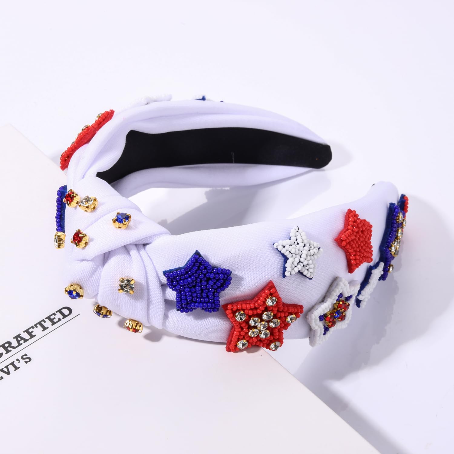 GLBCC 4th of July Knot Headband for Women Red White Blue Star Hairband Pearl Rhinestone Stars Beaded USA Patriotic Knotted Head Band Headpiece Hair Accessories (patriotic headband A)