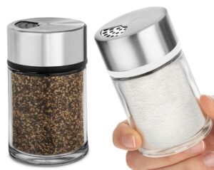 salt and pepper shakers set with adjustable pour holes - stainless steel spice dispenser - perfect for pink himalayan, table salt, black and white pepper (2.4 oz) - set of 2