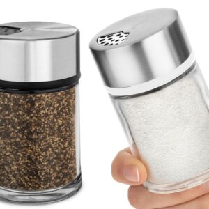 Salt and Pepper Shakers Set with Adjustable Pour Holes - Stainless Steel Spice Dispenser - Perfect for Pink Himalayan, Table Salt, Black and White Pepper (2.4 oz) - set of 2