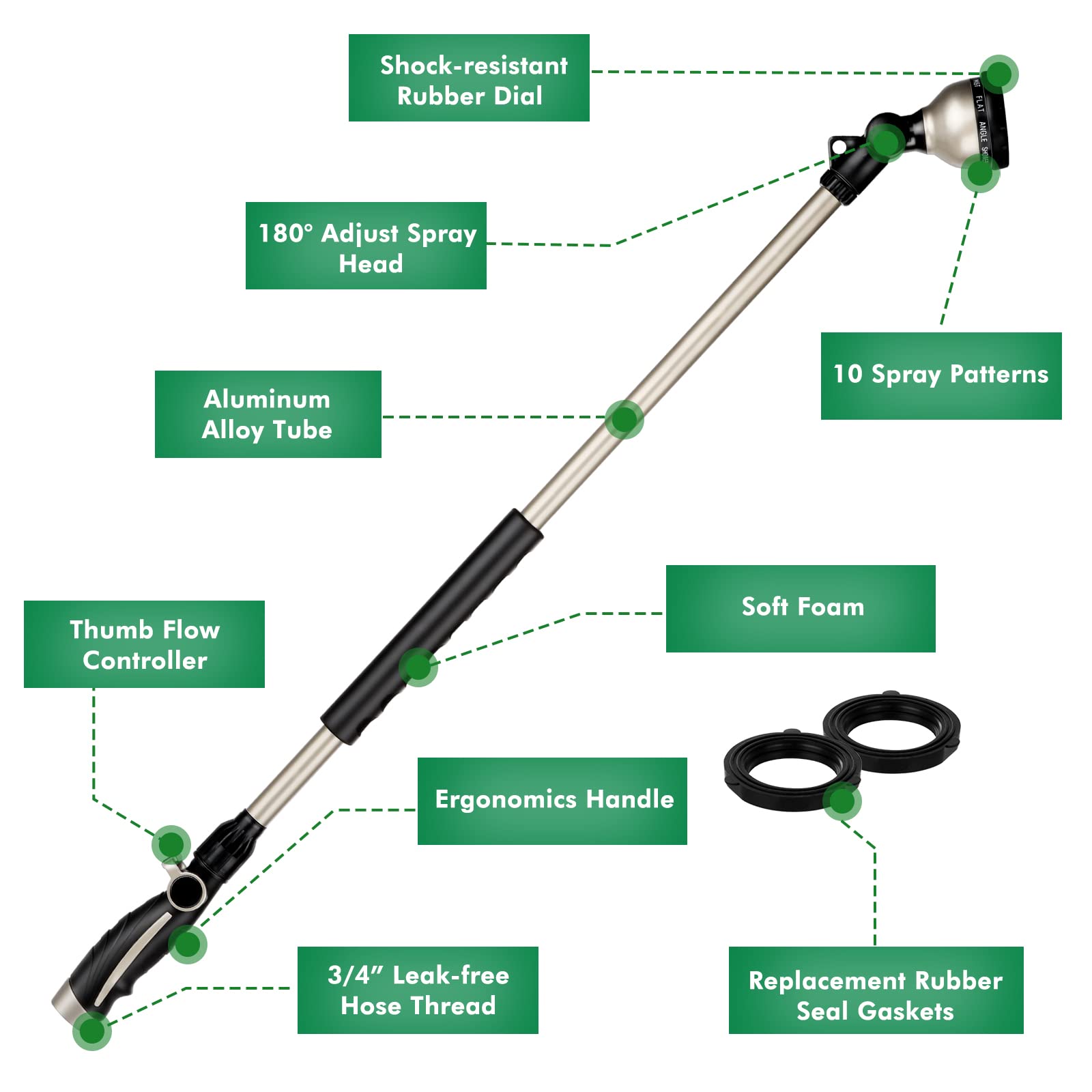 RESTMO 36” Long Watering Wand, Metal Garden Hose Wand with 180° Swivel Head and 10 Spray Patterns, 3ft Heavy Duty Hose Nozzle Sprayer with Thumb Flow Control, Ideal to Water Hanging Baskets, Shrubs