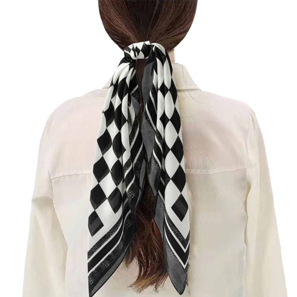 NaSoPerfect 27 inch Silk Feeling Scarf Square Hair Scarf Satin Head Scarf Fashion Checkerboard Print Neck Scarfs for Women Black and White