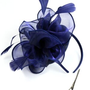 QDC Fascinators Hat Tea Party Derby Headwear Wedding Cocktail Hair Clip Bowler Feather Flower for Girls and Women Darkblue