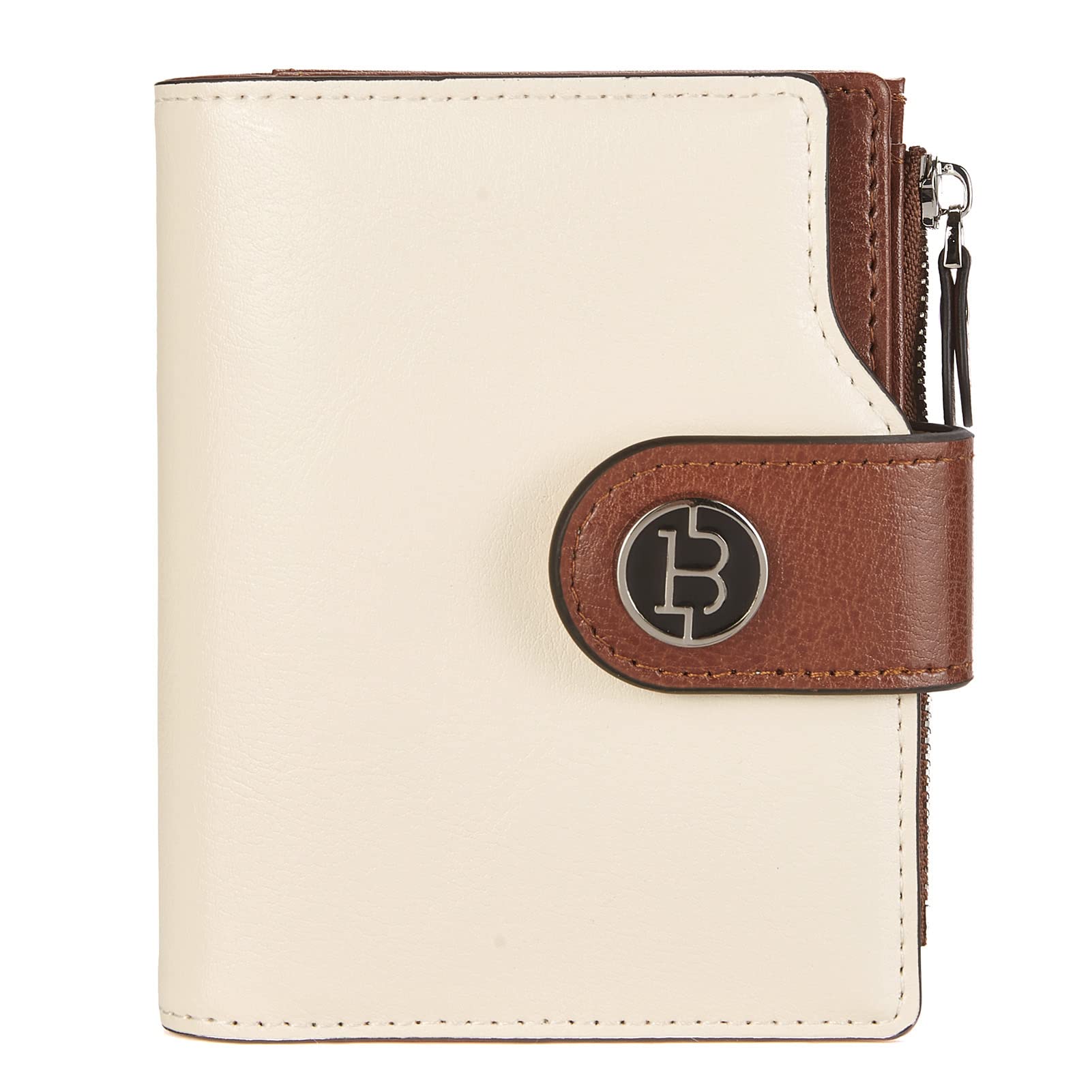 BOSTANTEN Women Leather Wallet Small RFID Blocking Bifold Zipper Pocket Wallet Card Case with ID Window Beige