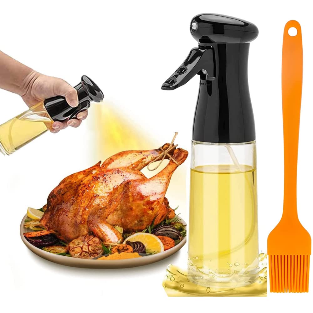 Oil Sprayer for Cooking, 220ml Glass Olive Oil Sprayer Mister with Brush, Olive Oil Vinegar Spritzer Sprayer Bottles Oil Dispenser for Kitchen, Widely Used for Air Fryer, Salad, Baking, BBQ, Black