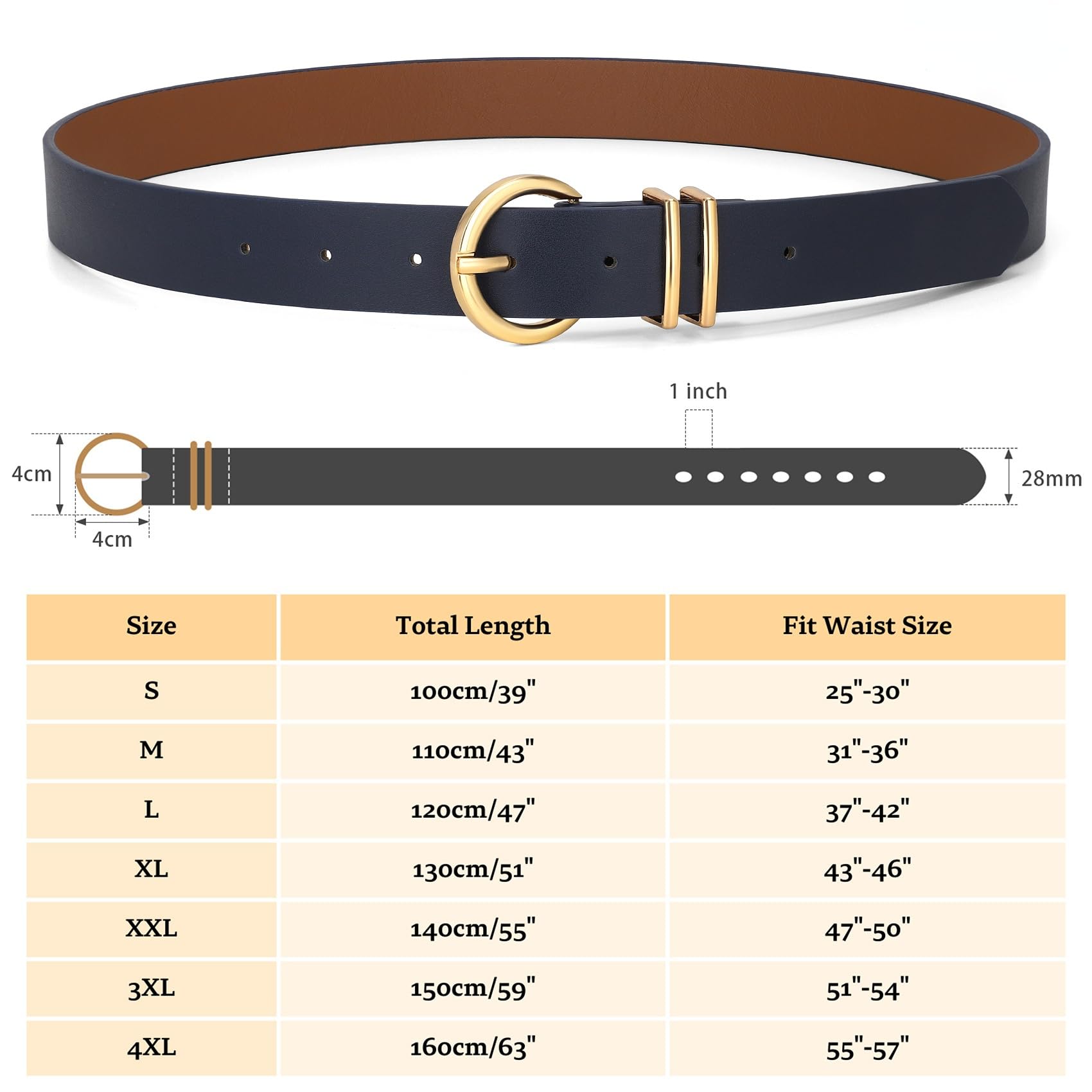 WHIPPY Women Leather Belt Fashion Design belt Gold Buckle Ladies Belt for Jeans Pants Dresses Navy Blue M